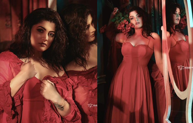 লাল স্যাটিনের ব্যাকলেস গাউন আর আবেদনময়ী ভঙ্গিতে ক্যামেরাবন্দি হয়েছেন এই টলি সুন্দরী।