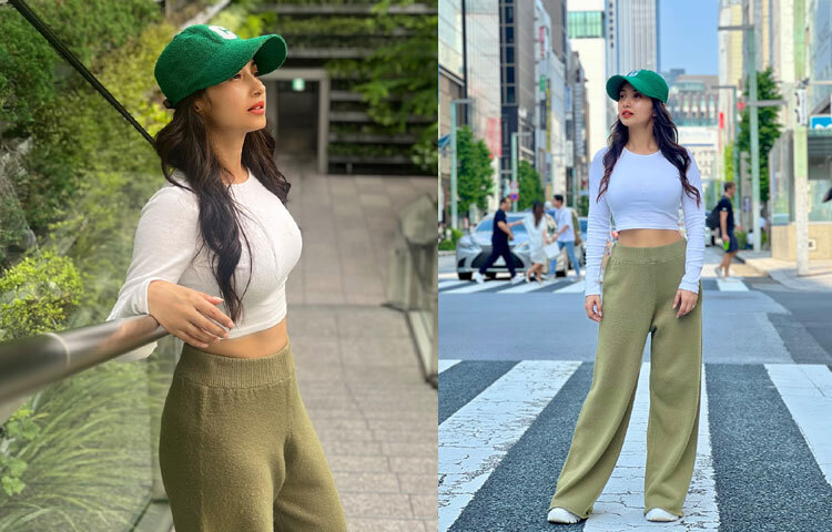 সাদা লং স্লিভ ক্রপ টপ, অলিভ গ্রিন ট্রাউজার, মাথায় সবুজ ক্যাপ আর পায়ে পরেছেন সাদা রানিং শুতে নো-মেকআপ লুকে মুন্সীয়ানা দেখিয়েছেন অভিনেত্রী।