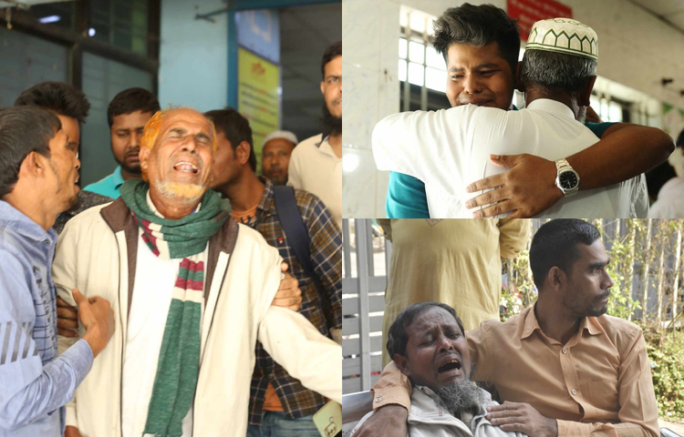 ঢাকা মেডিকেল কলেজ (ঢামেক) হাসপাতাল মর্গে সারি সারি পড়ে আছে বেইলি রোডের ভবনে লাগা আগুনে নিহতদের মরদেহ। স্বজনদের আহাজারিতে ভারী হয়েছিল পুরো এলাকা। ছবি: মাহবুব আলম