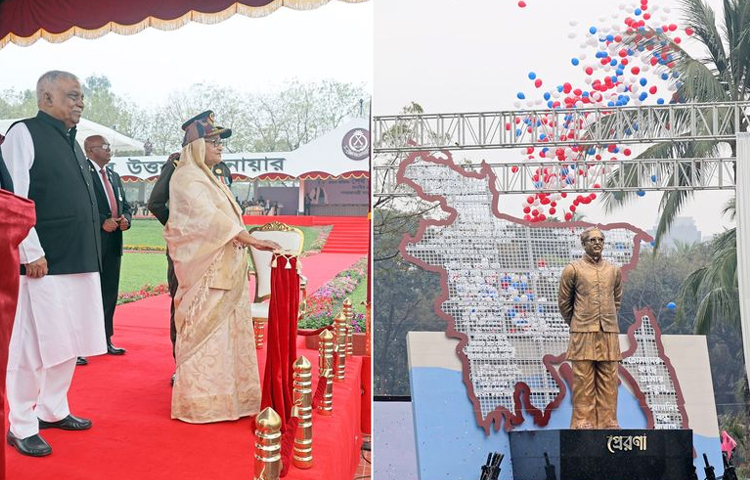 আজ সকাল সাড়ে ৯টার দিকে পিলখানার বীর উত্তম আনোয়ার হোসেন প্যারেড গ্রাউন্ডে বর্ডার গার্ড বাংলাদেশ (বিজিবি) দিবসের কুচকাওয়াজ অনুষ্ঠানে যোগ দেন প্রধানমন্ত্রী শেখ হাসিনা। ছবি: ইয়াসিন কবির জয়