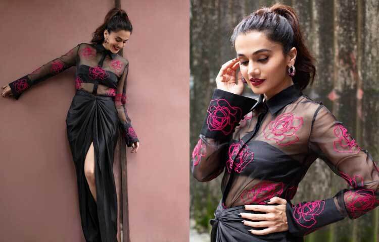 কালো শিয়ার ফেব্রিকের শার্টের সঙ্গে মারমেইড স্টাইলের সাইড স্লিট স্কার্টে দারুণ তাপসী। ছবি: ইনস্টাগ্রাম