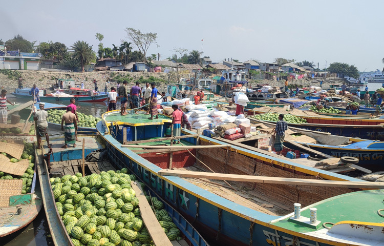 দক্ষিণাঞ্চলের বিভিন্ন স্থান থেকে শত শত ট্রলার ভর্তি তরমুজ আসছে বরিশালে পোর্ট রোডে।