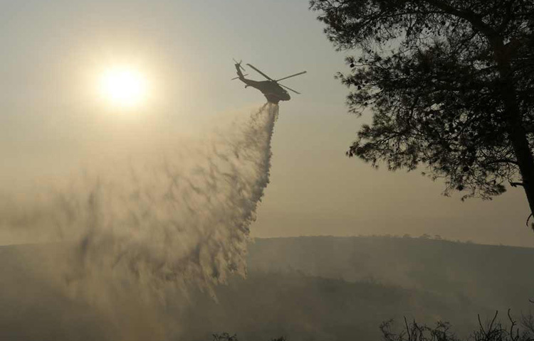 পূর্ব ভূমধ্যসাগরীয় দ্বীপরাষ্ট্র ট্রুডোস পর্বতমালার দক্ষিণ দিকে ভয়াবহ দাবানলের সময় সাইপ্রাসের সৌনি গ্রামে একটি পুড়ে যাওয়া বনের উপর একটি হেলিকপ্টার দিয়ে পানি দিচ্ছে।