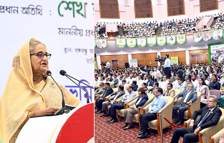 আজ রাজধানীর বঙ্গবন্ধু আন্তর্জাতিক সম্মেলন কেন্দ্রে ‘জাতীয় ভূমি সম্মেলন-২০২৩’ ও ভূমি মন্ত্রণালয়ের সাতটি প্রকল্পের উদ্বোধন করেন প্রধানমন্ত্রী শেখ হাসিনা। ছবি: পিআইডি