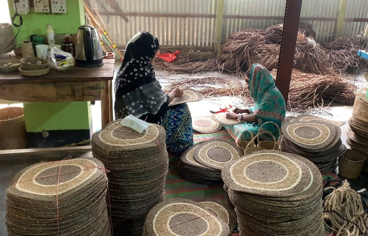 হোগলা পাতা, কলাগাছের শুকনো অংশ, কচুরিপানা ও পাটের আঁশ থেকে তৈরি করা হচ্ছে দৃষ্টিনন্দন এবং পরিবেশ বান্ধব পণ্য সামগ্রী।