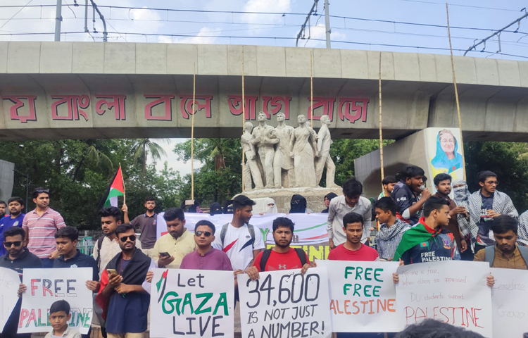 সমাবেশে ঢাকা বিশ্ববিদ্যালয়ের ম্যানেজমেন্ট বিভাগের সহকারী অধ্যাপক আরিফুল ইসলাম বলেন, আমরা কোনো নির্দিষ্ট ভূখণ্ডের জন্য এখানে আসিনি। আমরা এসেছি মানবতার জন্য। পৃথিবীর ইতিহাসে এত বেশি সুসজ্জিত কোনো গণহত্যা আজ পর্যন্ত ঘটতে দেখিনি আমরা। তারপরও বিশ্বব্যবস্থাকে এই গণহত্যার কোনো সমাধান আমরা করতে দেখি না। ছবি: হাসান আলী