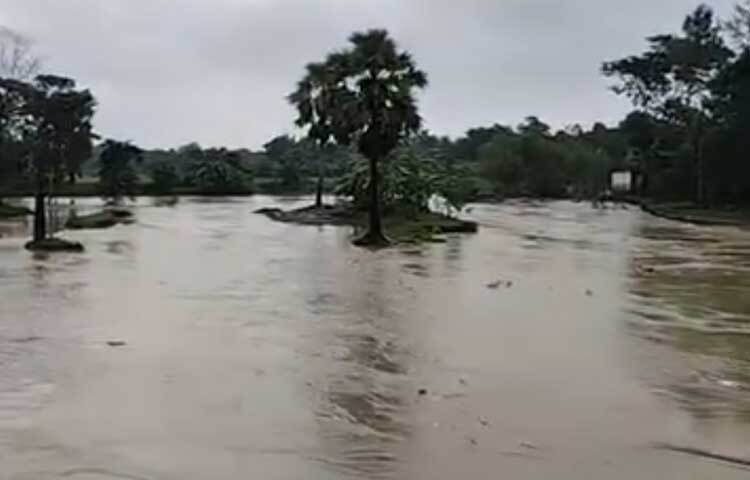 রাস্তাঘাট, ঘরবাড়ি, ফসলি জমি ও মাছের ঘের পানিতে তলিয়ে গেছে। ছবি: আবদুল্লাহ আল-মামুন