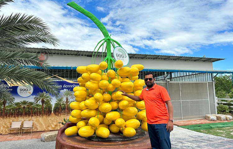 আমি, তরুণ কৃষি উদ্যোক্তা শরীফ ও থাইল্যান্ডে বসবাস করা বাংলাদেশি নাগরিক হাসান ভাইসহ এখানে এসেছি। এরপর খেজুর বাগানের মালিক ষাটোর্ধ নারী নোকেন নোনক তার বাংলো থেকে বেরিয়ে এসে আমাদের সঙ্গে কুশল বিনিময় করেন। ছবি: এম মাঈন উদ্দিন