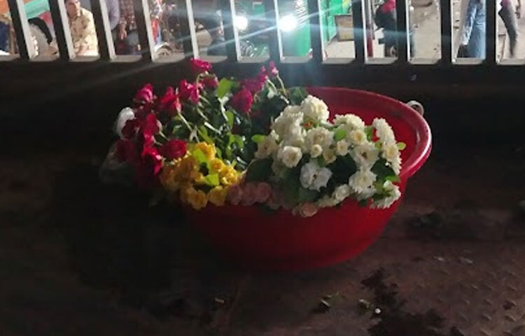 ফুটওভার ব্রিজে উঠতেই চোখে পড়বে বাহারি ফুলের ঝুড়ি।