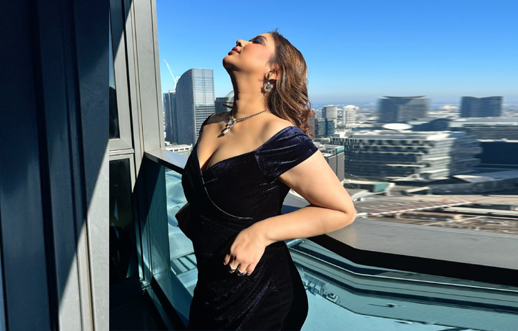 মিডনাইট ব্লু রঙের ভেলভেট গাউনটিতে যেন ঝলমল করছিলেন তিনি। গাউনের ডিপ-ভি নেকলাইন পুরো লুকটিকে করে তুলেছিল আরও আকর্ষণীয়।