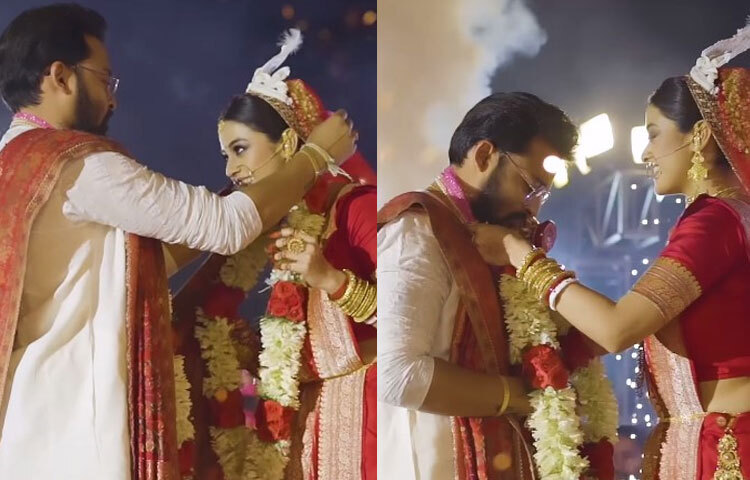 বিয়েতে লাল টুকটুকে শাড়িতে সেজেছিল দর্শনা। অন্যদিকে সাদা জামদানি কাজ করা শেরওয়ানিতে বর সেজেছিল সৌরভ। এছাড়া দর্শনার শাড়ির সঙ্গে মিলিয়ে লাল রঙের কাশ্মীরি শাল নিয়েছিলেন অভিনেতা।  ছবি: ইনস্টাগ্রাম