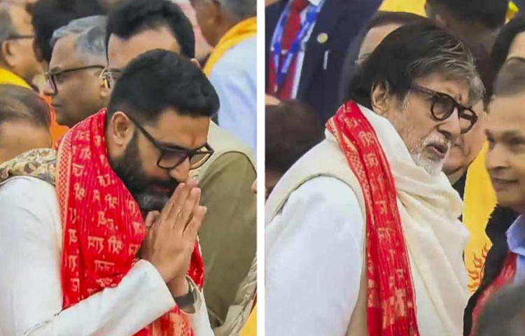 অনুষ্ঠান শুরুর অনেক আগেই মন্দিরে পৌঁছেছেন অমিতাভ ও অভিষেক বচ্চন। ছবি: সংগৃহীত