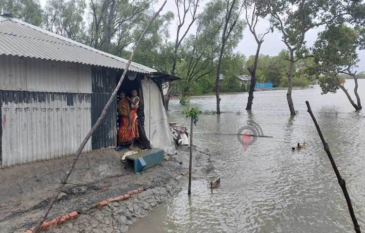 সাতক্ষীরার শ্যামনগর উপজেলার বুড়িগোয়ালিনী ইউনিয়নের কলবাড়ি জেলেপল্লি এলাকায় সবসময় আসা-যাওয়া করে জোয়ার-ভাটার পানি। ছবি: আহসানুর রহমান রাজীব