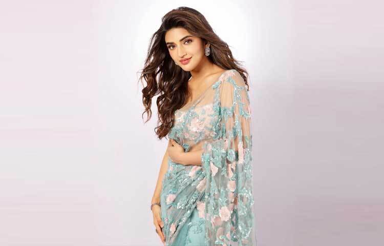 প্যাস্টেল শেডের কারুকাজ করা নেটের শাড়িতে লাস্যময়ী নায়িকা।