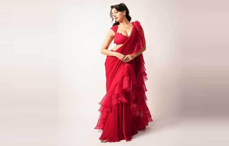 ডিজাইনার শাড়িতে স্টাইলিশ নোরা।