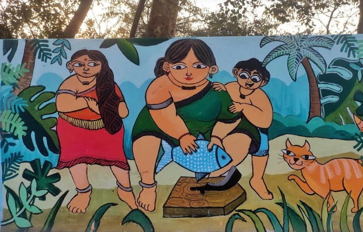 এর বাইরে গ্রাম বাংলার জীবন, কিংবা আধুনিক নগরে নাগরিক জীবন নিয়েও আঁকা হয়েছে ছবি। ছবি: শ্বাশতী সরকার