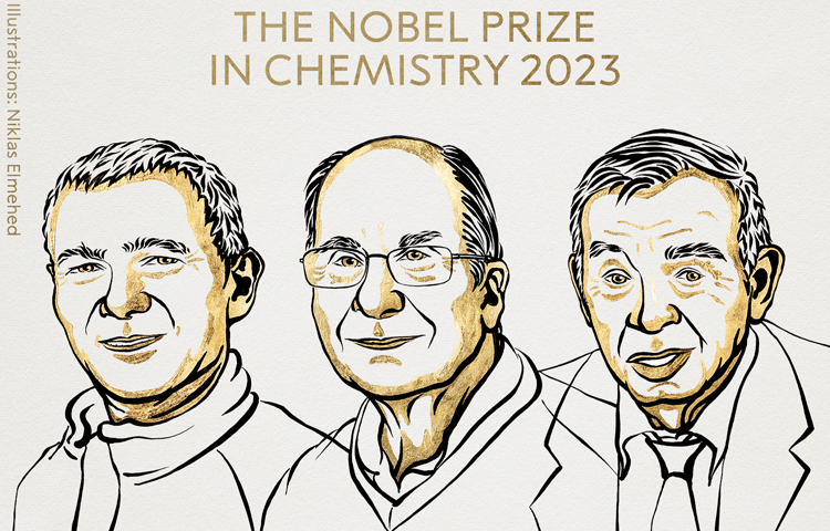 এ বছর রসায়নে নোবেল পেলেন তিন বিজ্ঞানী। তারা হলেন- আলেক্সি ইয়াকিমভ (সাবেক সোভিয়েত ইউনিয়ন), মুঙ্গি বাওয়েন্ডি (ফ্রান্স) ও লুই ব্রুস (যুক্তরাষ্ট্র)। আজ বাংলাদেশ সময় বিকেল পৌনে ৪টায় স্টকহোমে রসায়নে নোবেল বিজয়ীদের নাম ঘোষণা করে রয়্যাল সুইডিশ অ্যাকাডেমি অব সায়েন্সেস। ছবি: সংগৃহীত