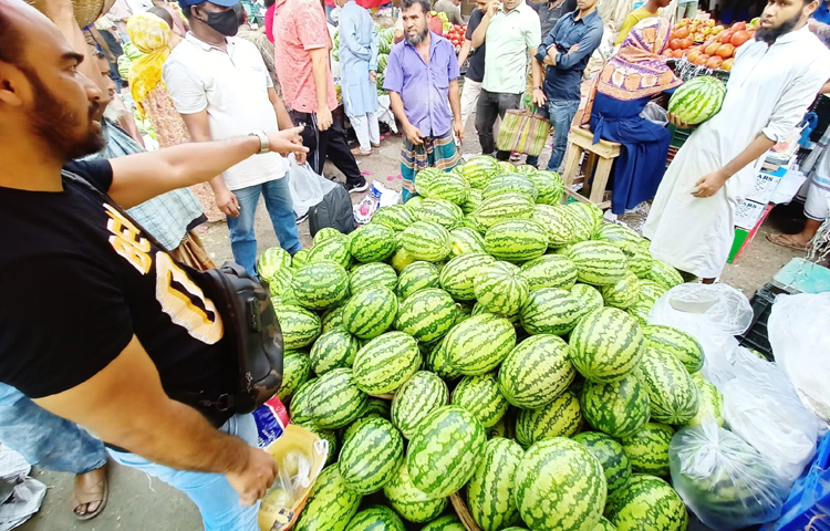 কারওয়ান বাজারে তরমুজ বিক্রি হচ্ছে ৭০-৮০ টাকা কেজি দরে। ছবি: মাহবুব আলম