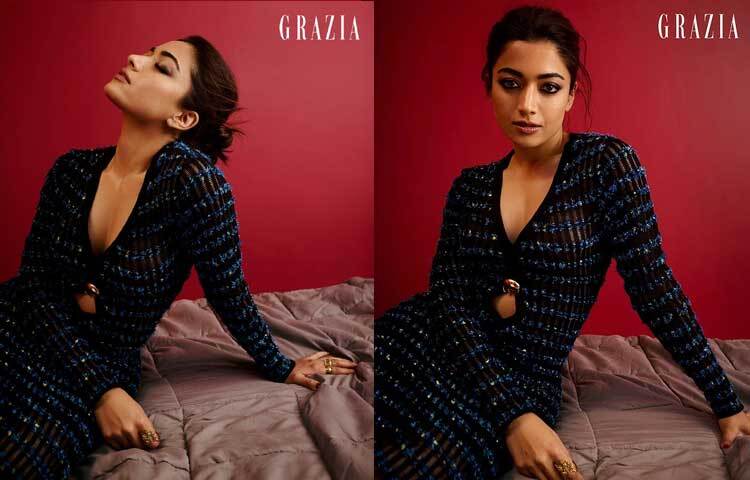 ডিপনেক ও কাটআউট নিট ড্রেসের সঙ্গে মেসি হেয়ার বান, স্মোকি আই লুক আর স্টেটমেন্ট আংটিতে নজরকাড়া রাশমিকা।