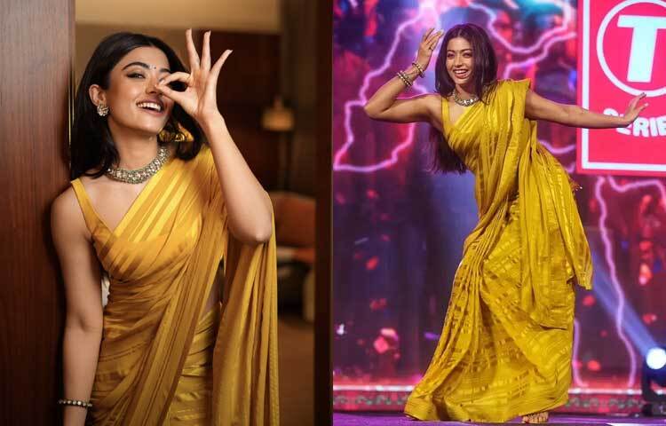 শর্ষে হলুদ শাড়ি ও ব্লাউজে দারুণ মানিয়েছে তাকে। সিগনেচার নাচের ভঙ্গিমায় ক্যামেরাবন্দি হয়েছেন রাশমিকা।