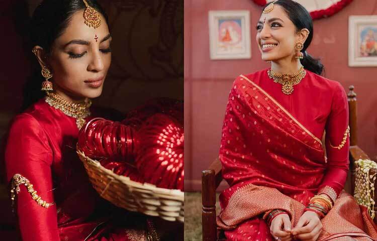 প্রাক–বিয়ের অনুষ্ঠানে সোনালি কাজের ঐতিহ্যবাহী লাল শাড়ি, ফুল স্লিভ ব্লাউজ আর চুড়িতে দারুণ মানিয়েছে তাকে।