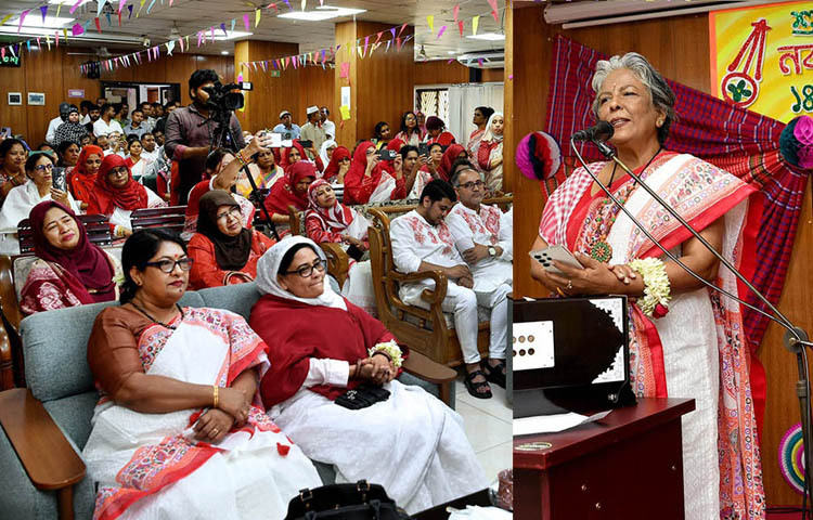 সমাজকল্যাণ এবং মহিলা ও শিশু বিষয়ক উপদেষ্টা শারমীন এস মুরশিদ আজ ঢাকায় ইস্কাটন গার্ডেনে মহিলা বিষয়ক অধিদপ্তরে বাংলা নববর্ষ উপলক্ষে আয়োজিত অনুষ্ঠানে বক্তৃতা করেন। ছবি: পিআইডি