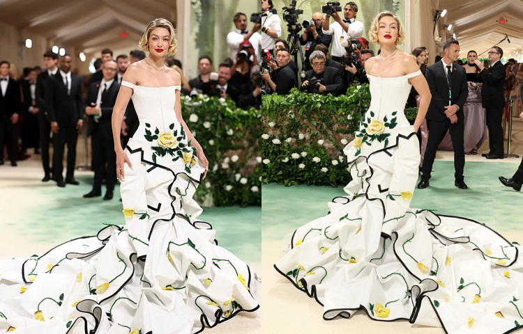 ২০২৪ সালে মেট গালায় টম ব্রাউনের অফ শোল্ডার ফ্লোর ছোঁয়া সাদা গাউন পরেছিলেন জিজি হাদিদ।