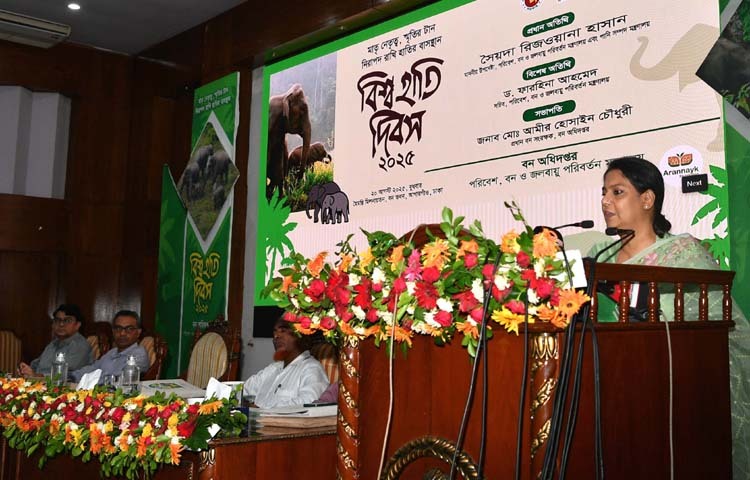 পরিবেশ, বন ও জলবায়ু পরিবর্তন এবং পানি সম্পদ উপদেষ্টা সৈয়দা রিজওয়ানা হাসান আজ ঢাকার আগারগাঁওয়ে বন ভবন মিলনায়তনে ‘বিশ্ব হাতি দিবস ২০২৫’ উপলক্ষে আয়োজিত আলোচনা সভায় প্রধান অতিথির বক্তৃতা করেন। ছবি: পিআইডি