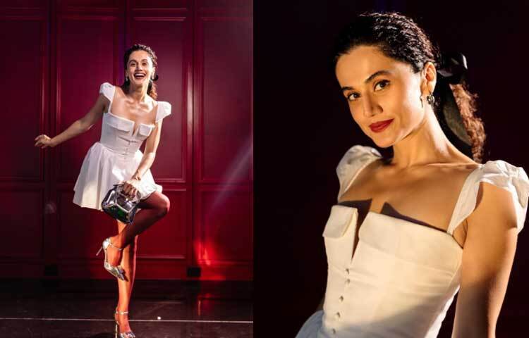 সাদা মিনি ড্রেস ও সিলভার হিলে হাস্যোজ্জ্বল তাপসী। ছবি: ইনস্টাগ্রাম