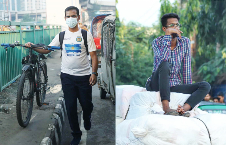 কেউ ঠাঁয় বসে থাকেন নিরুপায় হয়ে। কেউবা হেঁটেই পাড়ি দেন বাঁকিটা পথ। কখনো আবার ফুটপাত ধরে হেঁটে চলেন বাইসাইকেল আরোহী। ছবি: মাহবুব আলম