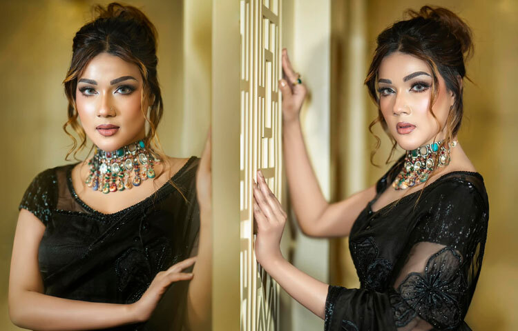 সিকুয়েন্সের কালো শাড়িতে স্টাইলিশ মাহিয়া মাহি।