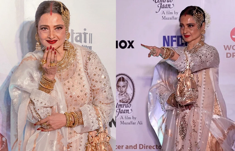 সাজে ছিল তার চিরচেনা ঘন কায়রা-কাটা চুল, মাথায় লাল সিঁদুর, গাঢ় লাল লিপস্টিক, সোনালি বটুয়া আর ভারী জড়োয়া গয়না। ঝুমকা থেকে শুরু করে কণ্ঠহার, সবেতেই ছিল ঐতিহ্যের ভার। হাতে লাল ও সোনালি রঙের চুড়ি আর আঙুলে বড় আকারের আংটি তার আভিজাত্যকে করে তুলেছিল আরও দৃঢ় ও মুগ্ধকর। তিনি যেন নিজেই ‘উমরাওজান’ এর জীবন্ত সংস্করণ হয়ে হাজির হয়েছিলেন।