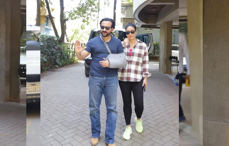 সাইফ আলি খানকে তার স্ত্রী কারিনা কাপুর খানের সঙ্গে মুম্বাইয়ে তাদের বাড়ির বাইরে দেখা গেছে। ছবি: সংগৃহীত