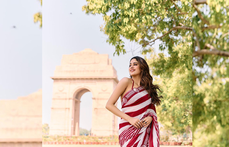 সম্প্রতি ‘মিস্টার অ্যান্ড মিসেস মাহি’ সিনেমার প্রচারে শাড়ি পরে গিয়েছিলেন অভিনেত্রী। সেখানেই বেশ লাস্যময়ী রূপে ধরা দিয়েছেন তিনি। ছবি: ইনস্টাগ্রাম