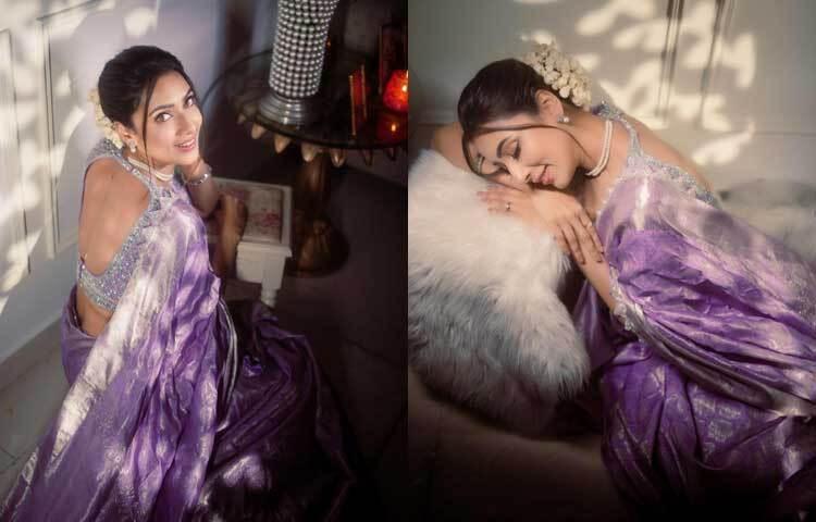 ছবিতে দেখা যায়, রাউন্ড নেকলাইন আর ব্যাকলেস কাটের ম্যাচিং ব্লাউজের সঙ্গে রুপালি জরি দিয়ে বোনা পিওর সিল্ক কাঞ্চিপুরাম শাড়িতে নিজেকে রাঙিয়েছেন তিনি।  ছবি: ফেসবুক থেকে