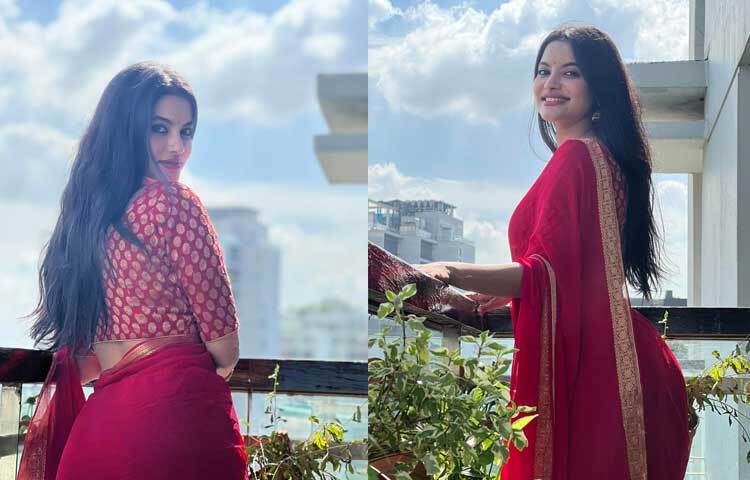 লাল শাড়ি, হালকা সাজ আর কপালের ছোট টিপে অপরূপ তুষি।