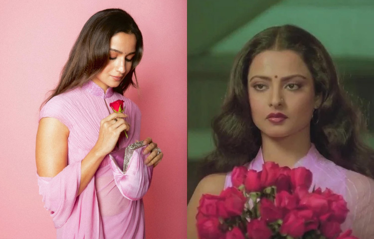 যেখানে রেখা ছিলেন এক জীবন্ত কিংবদন্তি, সেখানে আলিয়া ভাট ছিলেন যেন আধুনিক যুগের শ্রদ্ধাঞ্জলি। সিলসিলা সিনেমার গোলাপি শিফন শাড়ি পরিহিত রেখার সেই আইকনিক লুকটিকে নিজের মতো করে তুলে এনেছেন আলিয়া।