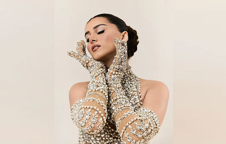 শিয়ার ন্যুড ফ্যাব্রিকের ওপর মুক্তা ও ক্রিস্টালের সূক্ষ্ম বিডওয়ার্ক যেন পুরো পোশাকটিকে করে তুলেছে চলমান এক শিল্পকর্ম। ড্রেসটির সবচেয়ে মুগ্ধকর অংশ মুক্তার নিখুঁত নকশা, যা প্রতিটি ভঙ্গিতে দিচ্ছিল নতুন মাত্রা। তার সঙ্গে মিলিয়ে তৈরি আর্ম-লেংথ গ্লাভস, ক্রিস্টাল আর মুক্তার চকমকে সাজে এই লুকটিকে আরও রাজকীয় করে তোলে। যেন ১৯৫০-এর হলিউড তারকাদের কোনো গালা নাইট থেকে উঠে এসেছেন তিনি।