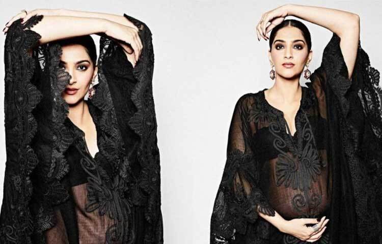 কালো কাফতানের ফাঁকে উঁকি দিচ্ছে সোনাম কাপুরের বেবি বাম্প।