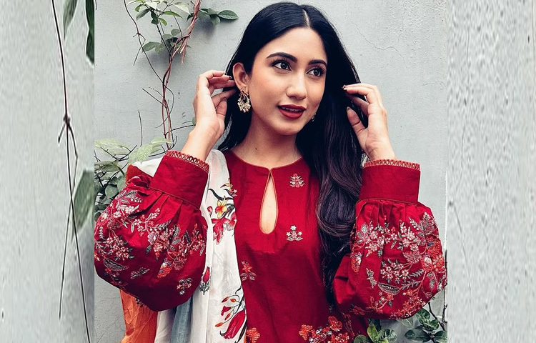 লাল পাফড স্লিভস দেওয়া ফুলেল কাজ করা লাল কামিজ আর সাদা ওড়না পরেছেন সাফা কবির।