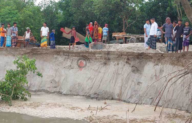 শিশু থেকে বৃদ্ধ সবাই ব্যস্ত ভাঙন থেকে শেষ সম্বলটুকু রক্ষায়। ছবি: বি.এম খোরশেদ