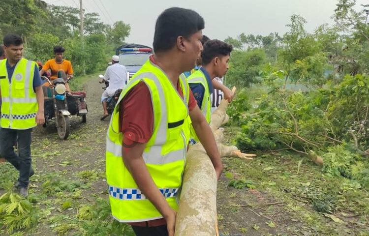রাস্তায় ভেঙে পরা গাছ সরাতে ব্যস্ত তারা। ছবি: আসাদুজ্জামান মিরাজ