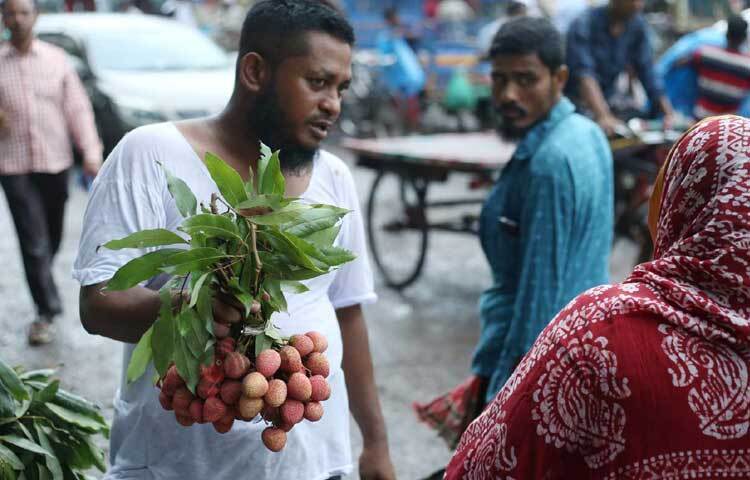 বোম্বে, মাদরাজি, কদমী জাতের লিচুতে ভরপুর ফলের দোকান। ছবি: মাহবুব আলম