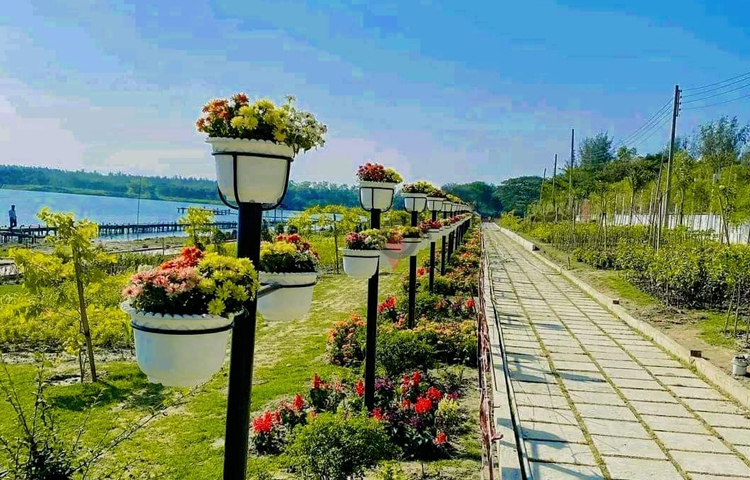 লেকের পাশে রাস্তাতেও রয়েছে বাহারি সব ফুলের গাছ। ছবি: এম মাঈন উদ্দিন