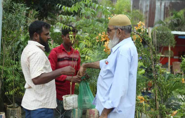 রাজধানীর নতুন বাজার ভাটার এলাকার নার্সারি থেকে চারা সংগ্রহ করে নিয়ে যাচ্ছেন অনেকেই। ছবি: মাহবুব আলম