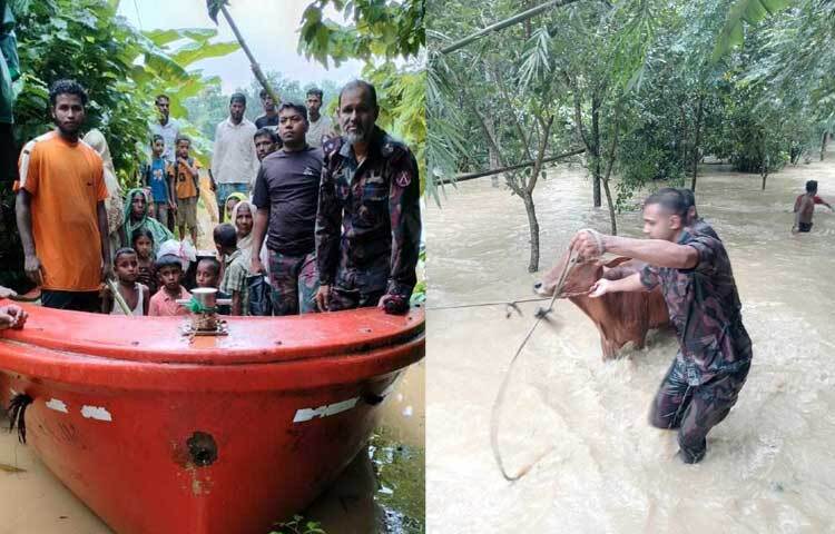 নৌকা ও ট্রলারের মাধ্যমে বন্যাদুর্গত এলাকার আট শতাধিক অসহায় মানুষকে উদ্ধার করে জয়লস্করপুর সরকারি প্রাথমিক বিদ্যালয় ও জয়লস্করপুর উচ্চ বিদ্যালয় আশ্রয়কেন্দ্রে পৌঁছে দিয়েছে বিজিবির উদ্ধারকারী দল। ছবি: তৌহিদুজ্জামান তন্ময়