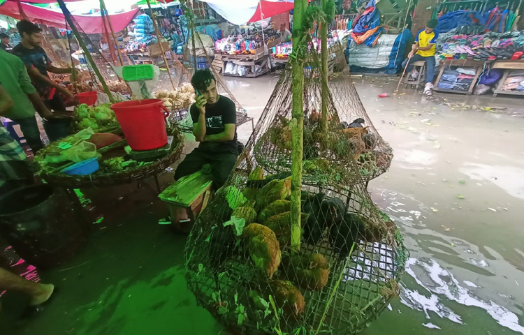 আরেকজন তরকারি বিক্রেতা বলেন, পানি থইথই করছে চারপাশে। এক জায়গায় বসে থাকতে পারি না, জায়গা বদলালেও লাভ হয় না। সবজি তো বেশি সময় রাখা যায় না। তাই কম দামে বিক্রি করেই চলে যাচ্ছি।
