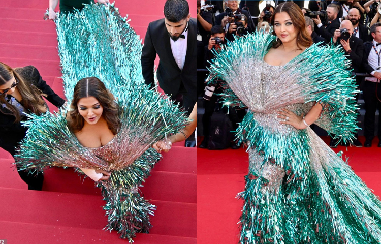 ঐশ্বরিয়া তার দ্বিতীয় দিনের কান লুকে বেছে নিয়েছেন ফিরোজা ও রুপালি রঙের ঝলমলে গাউন। গাউনের ড্রামাটিক স্লিভ আর লম্বা ট্রেন বিশেষভাবে নজর কেড়েছে। ছবি: ইনস্টাগ্রাম