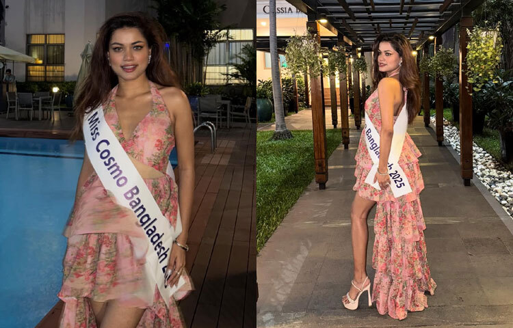মাল্টিলেয়ার্ড ফ্লোরাল আউটফিটে ক্যামেরাবন্দী হয়েছেন মিস কসমো বাংলাদেশ।