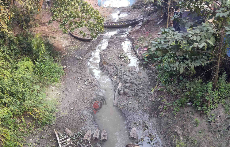 বরিশালের আগৈলঝাড়ায় খালের পানি শুকিয়ে যাওয়ায় ব্যাহত হচ্ছে সেচ কার্যক্রম। ফলে চলতি মৌসুমে ইরি-বোরাতে সেচ নিয়ে শংকায় পড়েছেন উপজেলার পাঁচ ইউনিয়নের সহস্রাধিক কৃষক। ছবি: শাওন খান